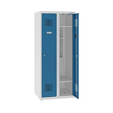 Snížená školní šatní skříň, 2 sloupce, 300 mm, šedá/modrá, cylindrický zámek