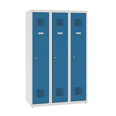 Snížená školní šatní skříň, 3 sloupce, 300 mm, šedá/zelená, cylindrický zámek