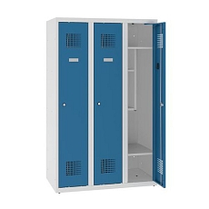 Snížená školní šatní skříň, 3 sloupce, 300 mm, šedá/modrá, cylindrický zámek