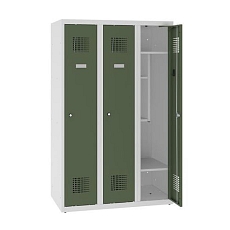 Snížená školní šatní skříň, 3 sloupce, 300 mm, šedá/zelená, cylindrický zámek