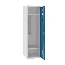 Snížená školní šatní skříň, 1 sloupec, 400 mm, šedá/modrá, cylindrický zámek