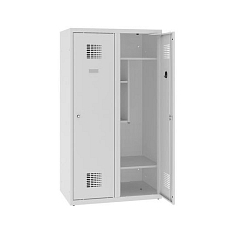 Snížená školní šatní skříň, 2 sloupce, 400 mm, šedá/tmavě modrá, cylindrický zámek