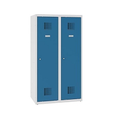 Snížená školní šatní skříň, 2 sloupce, 400 mm, šedá/tmavě modrá, cylindrický zámek