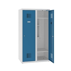 Snížená školní šatní skříň, 2 sloupce, 400 mm, šedá/modrá, cylindrický zámek
