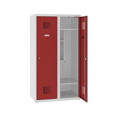 Snížená školní šatní skříň, 2 sloupce, 400 mm, šedá/červená, cylindrický zámek