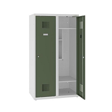 Snížená školní šatní skříň, 2 sloupce, 400 mm, šedá/zelená, cylindrický zámek