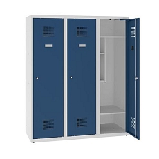 Snížená školní šatní skříň, 3 sloupce, 400 mm, šedá/tmavě modrá, cylindrický zámek