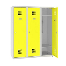 Snížená školní šatní skříň, 3 sloupce, 400 mm, šedá/žlutá, cylindrický zámek