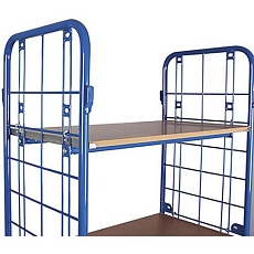 Vysoký policový vozík s madlem a mřížovými bočnicemi, do 400 kg, 4 police, 178 x 103,5 x 52 cm, modrý