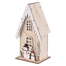 LED dekorace dřevěná - domek se sněhuláky, 28,5 cm, 2xAA, vnitřní, teplá bílá, časovač