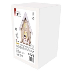LED dekorace dřevěná - domek se sněhuláky, 28,5 cm, 2xAA, vnitřní, teplá bílá, časovač
