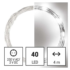 LED vánoční nano řetěz stříbrný, 4 m, venkovní i vnitřní, studená bílá, časovač