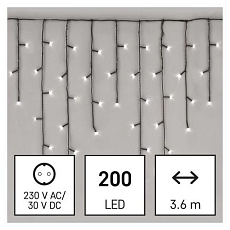 LED vánoční rampouchy, 3,6 m, venkovní i vnitřní, studená bílá, programy