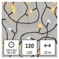 LED vánoční řetěz, 12 m, venkovní i vnitřní, teplá/studená bílá, časovač