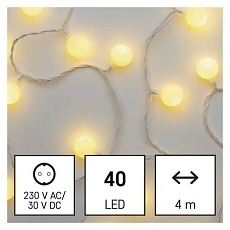 LED světelný cherry řetěz - kuličky 2,5 cm, 4 m, venkovní i vnitřní, teplá bílá, časovač