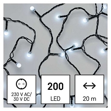 LED vánoční cherry řetěz - kuličky, 20 m, venkovní i vnitřní, studená bílá, časovač