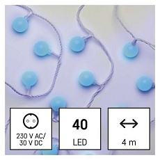 LED světelný cherry řetěz - kuličky 2,5 cm, 4 m, venkovní i vnitřní, modrá, časovač