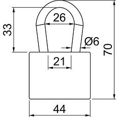 Ocelový visací zámek jednoduché lamelové konstrukce,průměr třmene 6 mm, výška 33 mm