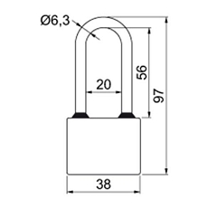 Litinový visací zámek s prodloženým třmenem, průměr třmene 6,3 mm, výška 62,5 mm, SU4