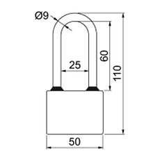 Litinový visací zámek s prodloženým třmenem, průměr třmene 8 mm, výška 65 mm, SU4