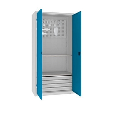 Kovová dílenská skříň s perfopanelem, 199 x 100 x 50 cm, 4 zásuvky, šedá/sv. modrá