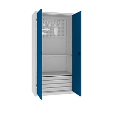 Kovová dílenská skříň s perfopanelem, 199 x 100 x 50 cm, 4 zásuvky, šedá/sv. modrá