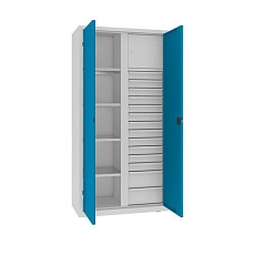 Kovová dílenská skříň na nářadí se zásuvkami, 199 x 100 x 50 cm, 14 zásuvek, šedá/zelená