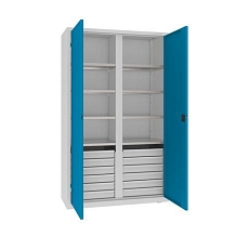 Kovová dílenská skříň na nářadí se zásuvkami, 199 x 120 x 50 cm, 12 zásuvek, šedá/šedá