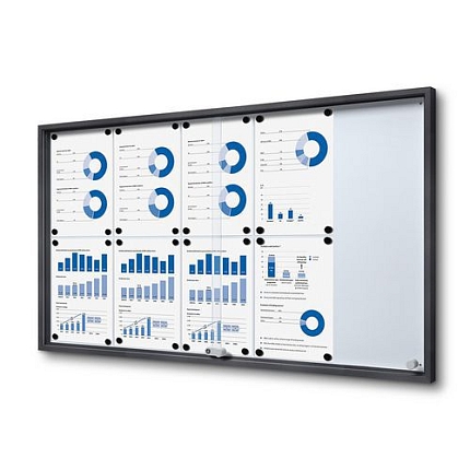 Interiérová vitrína SLIM, posuvné skleněné dveře, plech. záda antracit, 10xA4