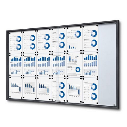 Interiérová vitrína SLIM, posuvné skleněné dveře, plech. záda antracit, 21xA4