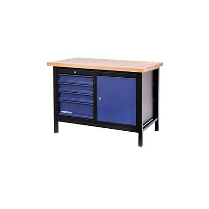 Dílenský kovový stůl Premium Line 1200, 4 zásuvky, 1 skříňka, 119 x 65 x 85 cm, černý/modrý