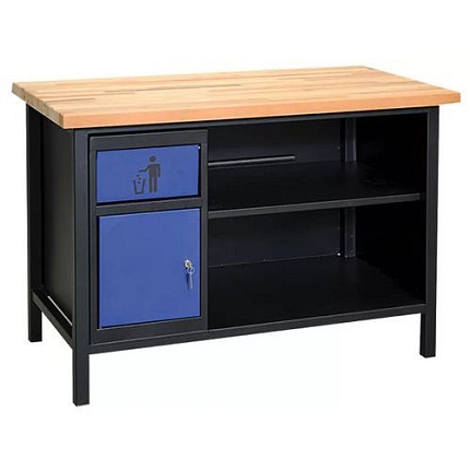Dílenský kovový stůl Premium Line 1200, s odpadkovým košem, 119 x 65 x 85 cm, černý/modrý