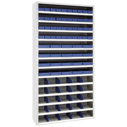 Kovový regál s děliči a boxy Manutan Expert, 198 x 100 x 30 cm, 12 polic
