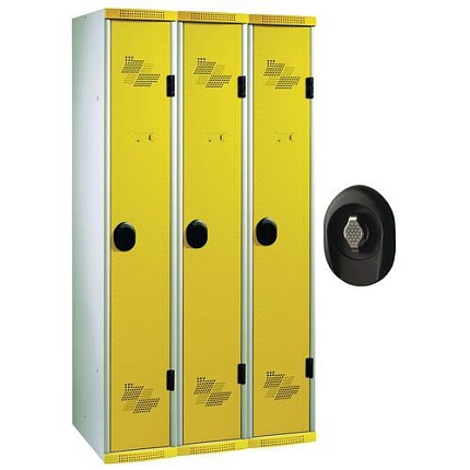 Svařovaná šatní skříň Acial, 3 oddíly, 300 mm, otočný uzávěr, šedá/žlutá