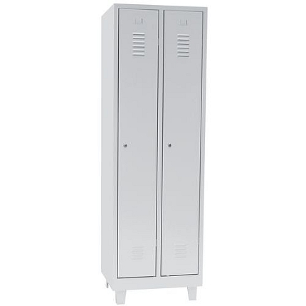 Svařovaná šatní skříň na nohách, 2 oddíly, šedá/šedá, cylindrický zámek - Manutan Expert DURO PROFI