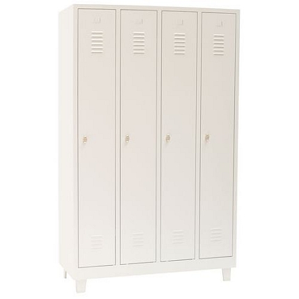 Svařovaná šatní skříň Manutan Expert DURO PROFI na nohách, 4 oddíly, šedá/šedá, otočný uzávěr