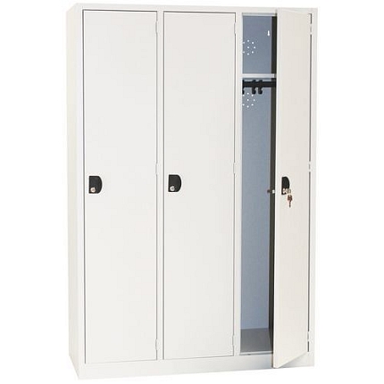 Svařovaná šatní skříň Manutan Expert, 3 oddíly, cylindrický zámek, šedá/šedá