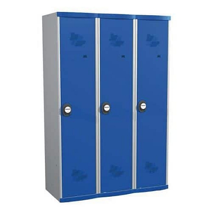 Svařovaná šatní skříň s mezistěnou Acial, 3 oddíly, 400 mm, kódový zámek, šedá/modrá