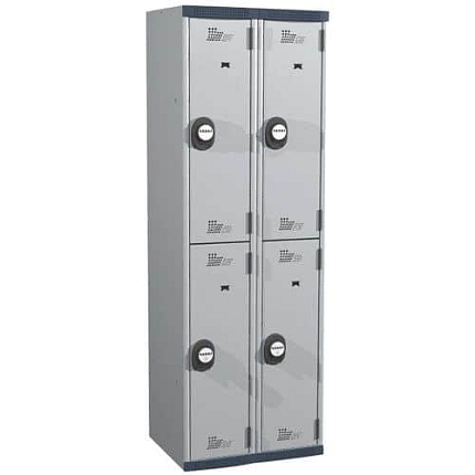 Svařovaná šatní skříň Acial, 2 sloupce, 4 boxy, 300 mm, kódový zámek, šedá/šedá