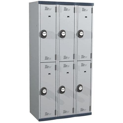 Svařovaná šatní skříň Acial, 3 sloupce, 6 boxů, 300 mm, kódový zámek, šedá/šedá