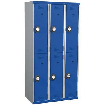 Svařovaná šatní skříň Acial, 3 sloupce, 6 boxů, 300 mm, kódový zámek, šedá/modrá