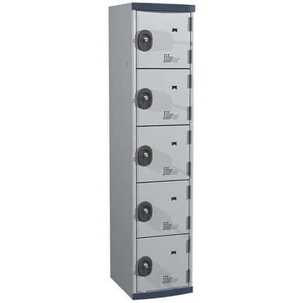 Svařovaná šatní skříň Acial, 1 sloupec, 5 boxů, 400 mm, cylindrický zámek, šedá/šedá