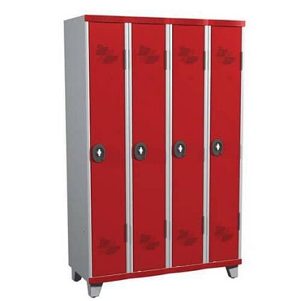 Svařovaná šatní skříň Acial, 4 oddíly, 300 mm, na nohách, otočný uzávěr, šedá/červená