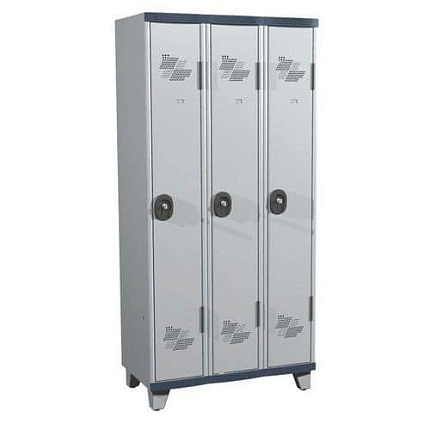 Svařovaná šatní skříň Acial, 3 oddíly, 300 mm, na nohách, cylindrický zámek, šedá/šedá