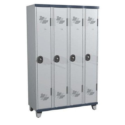 Svařovaná šatní skříň Acial, 4 oddíly, 300 mm, na nohách, cylindrický zámek, šedá/šedá