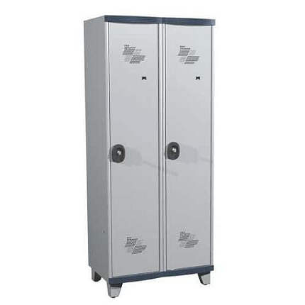 Svařovaná šatní skříň s mezistěnou Acial, 2 oddíly, 400 mm, na nohách, cylindrický zámek, šedá/šedá