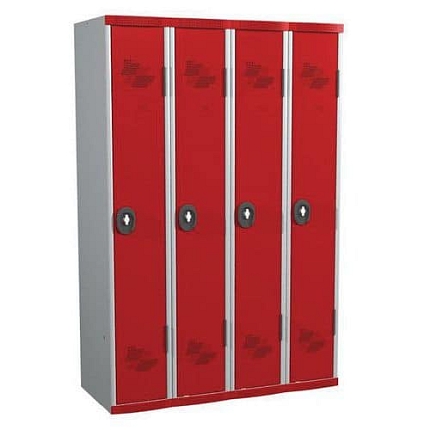 Svařovaná šatní skříň Acial, 4 oddíly, 300 mm, otočný uzávěr, šedá/červená
