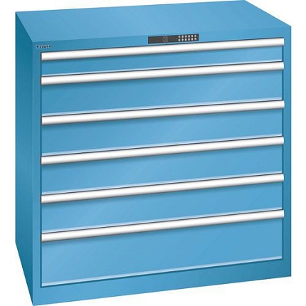 Dílenská zásuvková skříň LISTA, 6 zásuvek, nosnost 200kg, 1023x725 mm, otevírání kódem