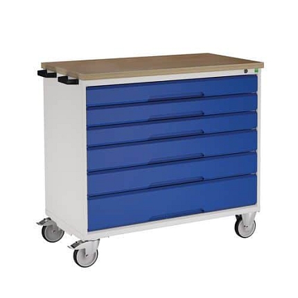 Mobilní pracovní stůl se zásuvkami Bott Verso, 98 x 105 x 60 cm, 6 zásuvek, multiplex, šedá-modrá