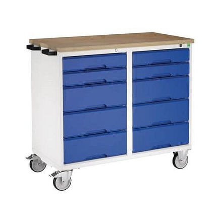 Údržový zásuvkový vozík Bott Verso, 98 x 105 x 60 cm, 10 zásuvek, multiplex, šedá-modrá
